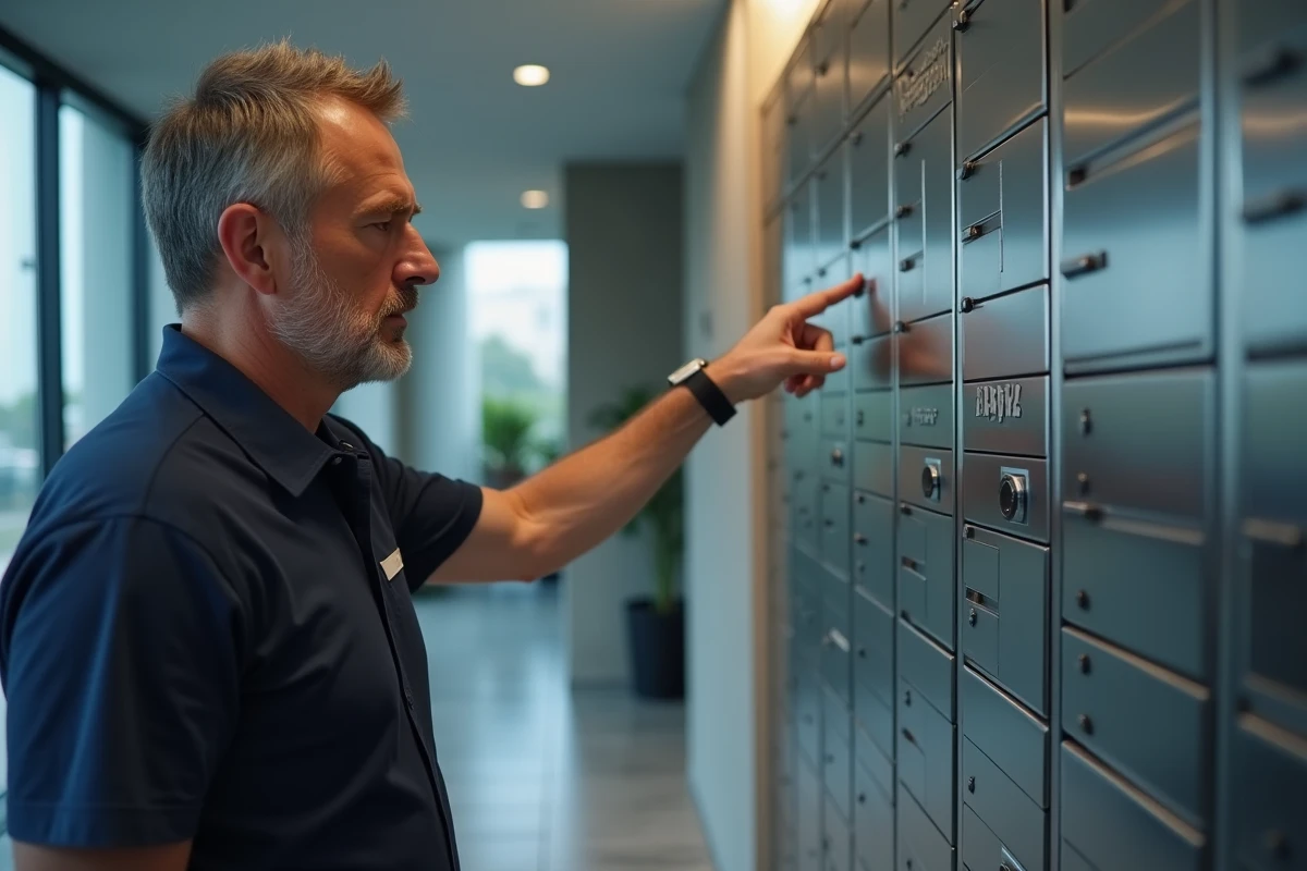 Homme désignant l'abréviation appt sur une boîte aux lettres dans le couloir d'un immeuble résidentiel moderne