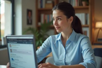 Femme professionnelle accédant au webmail Convergence de Toulouse sur un ordinateur portable au bureau