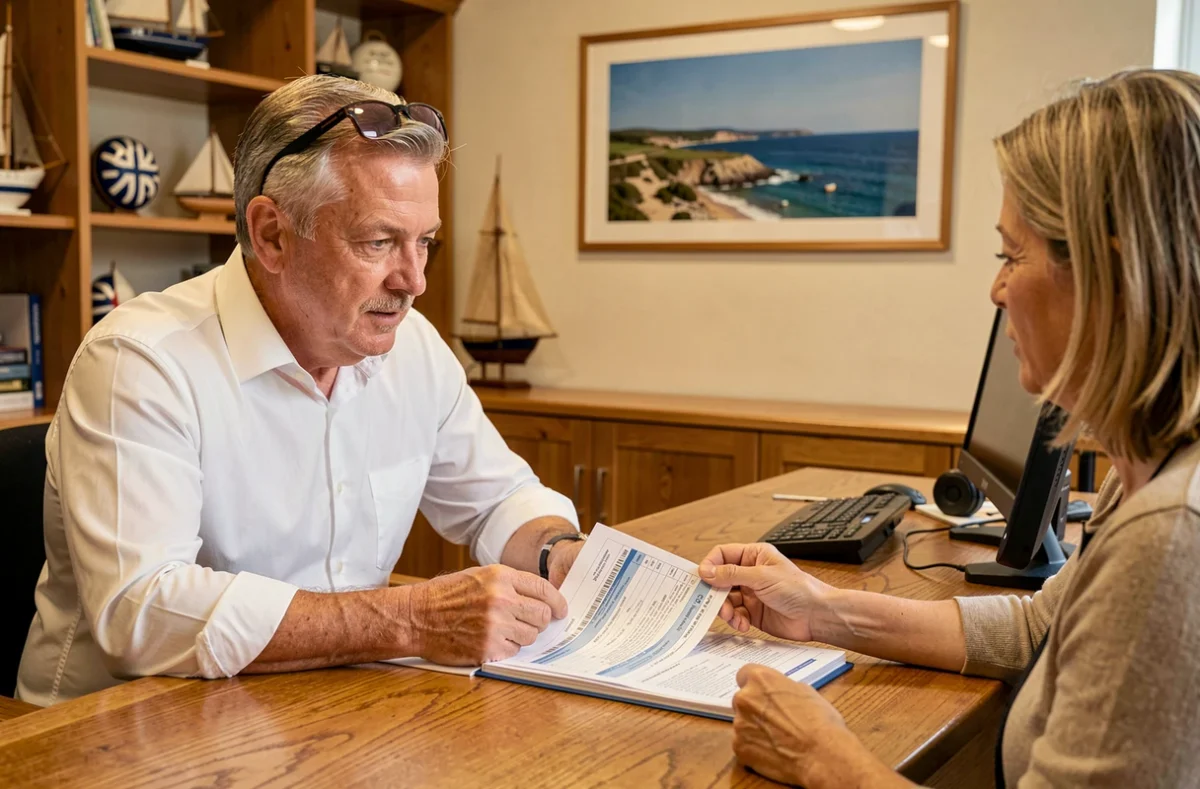 Un courtier ACE Crédit en Bretagne examine un dossier de crédit immobilier avec une cliente dans un bureau régional de Brest à l'ambiance maritime bretonne