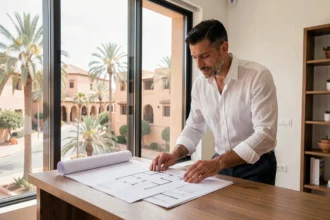 Agent immobilier marocain analysant des plans d'appartement à Marrakech dans une agence moderne