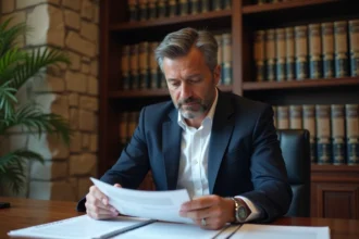 Homme en blazer marine examinant des documents immobiliers dans un bureau de notaire en Andorre