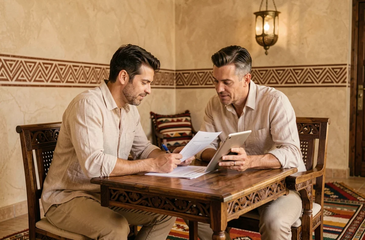 Acheteurs potentiels consultant des documents immobiliers dans le salon d'une villa à vendre à Marrakech