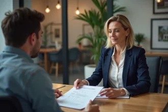 Agent immobilier iad expliquant les frais d'agence à un couple lors d'une consultation en agence