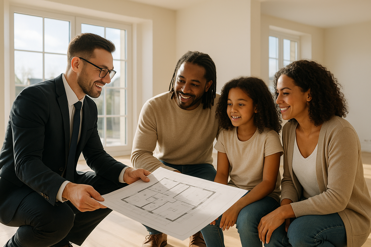 Agent immobilier montrant des plans à une famille dans un salon lumineux