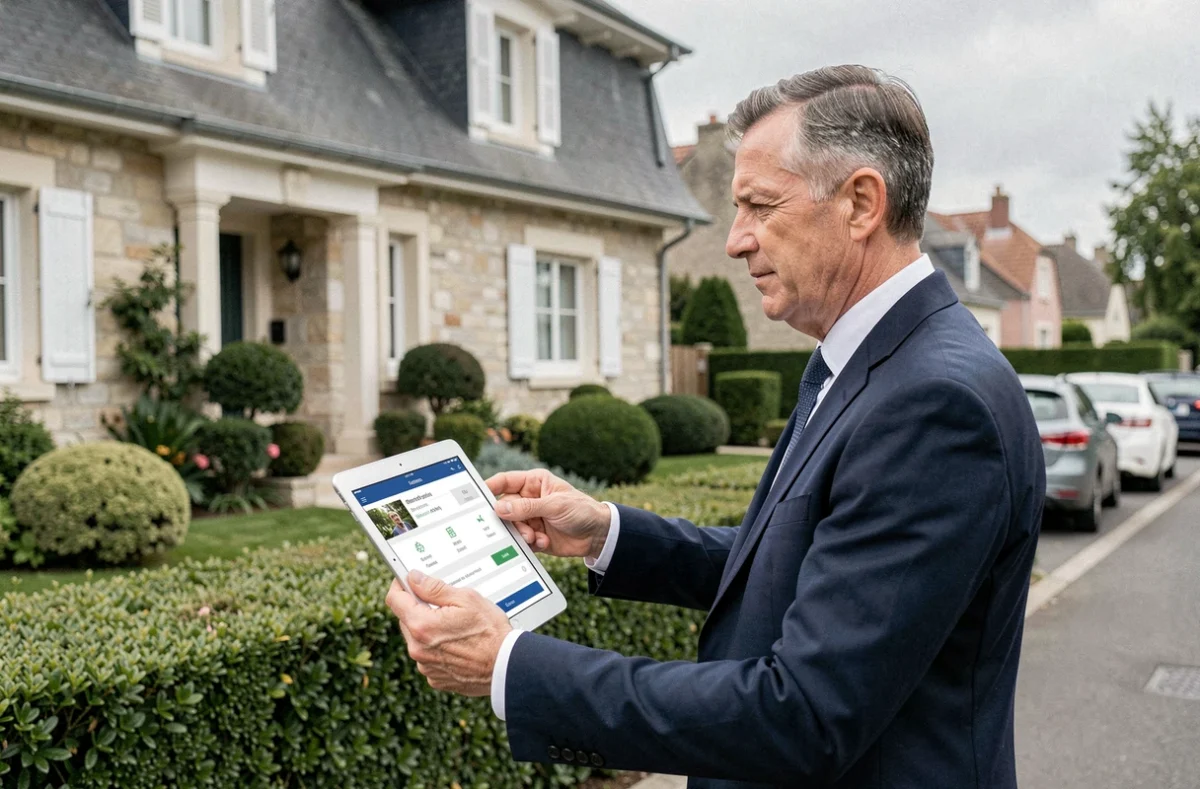 Agent immobilier présentant une estimation en ligne devant une maison à vendre dans un quartier résidentiel