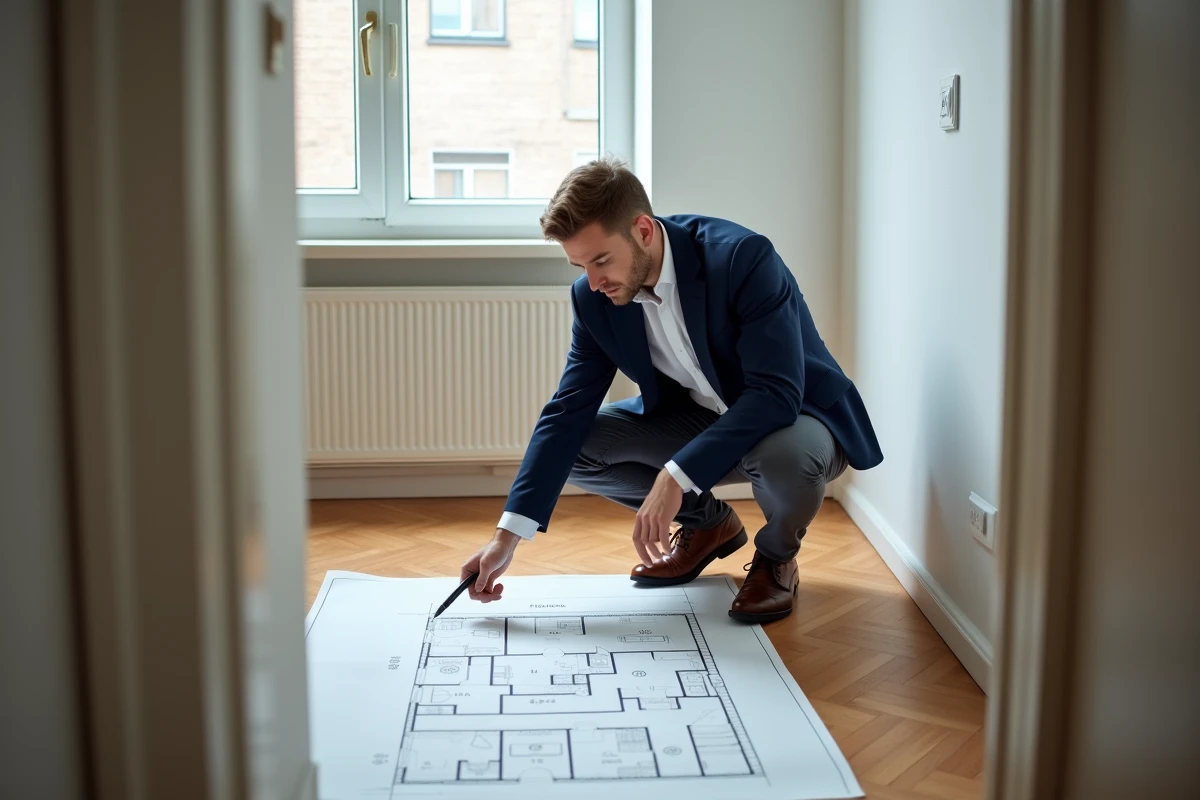 Agent immobilier examinant le plan d'un studio étudiant aux dimensions minimales légales posé sur le parquet nu