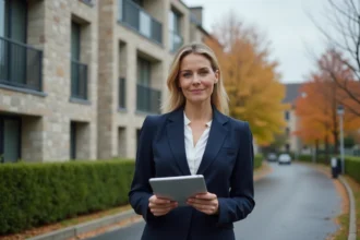 Agent immobilier devant une résidence moderne en périphérie de Rennes, tenant une tablette numérique