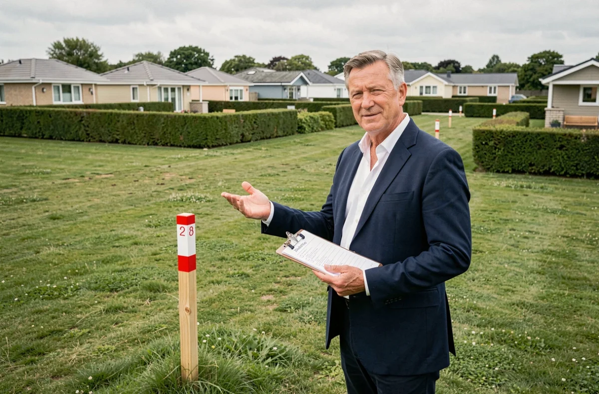 Agent immobilier vérifiant les limites d'une parcelle PRL avec une check-list sur clipboard
