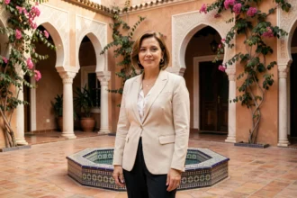 Agent immobilière devant une villa de Marrakech avec patio traditionnel en mosaïque pour une vente rapide