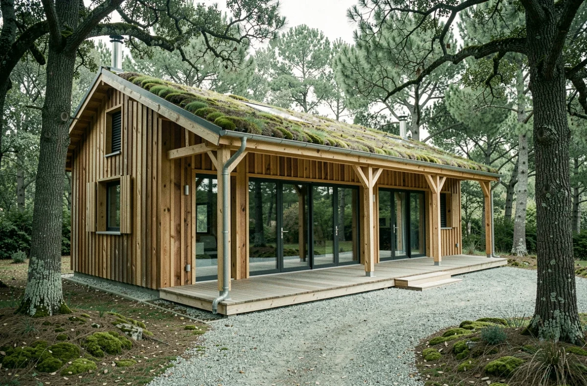 Maison en bois AME Bois à ossature bois avec toiture végétalisée et bardage naturel dans un cadre boisé provençal