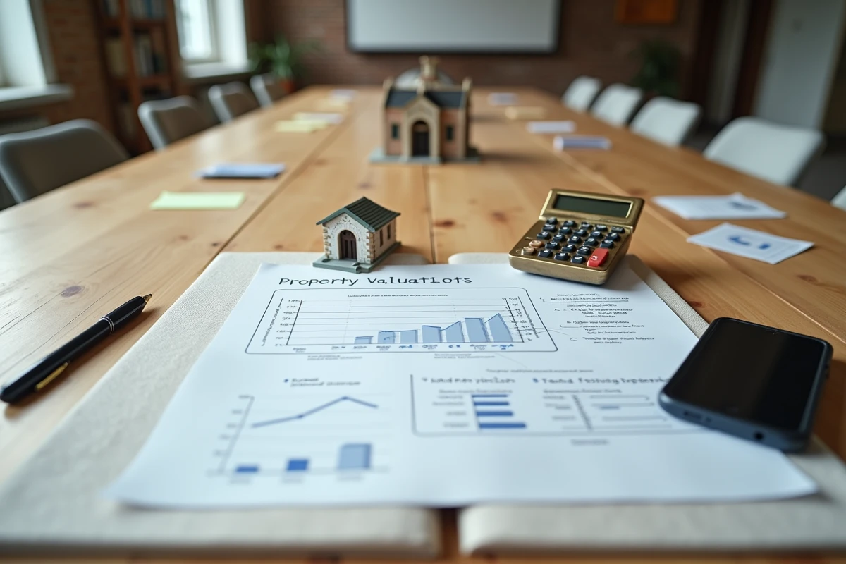 Vue en plongée d'outils d'analyse financière immobilière incluant rapport de valorisation et modèle architectural pour optimisation IDR