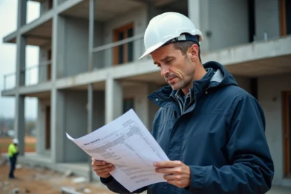 Architecte sur un chantier de construction neuve en 2026 consultant des documents d'estimation des coûts liés à l'indice BT 01