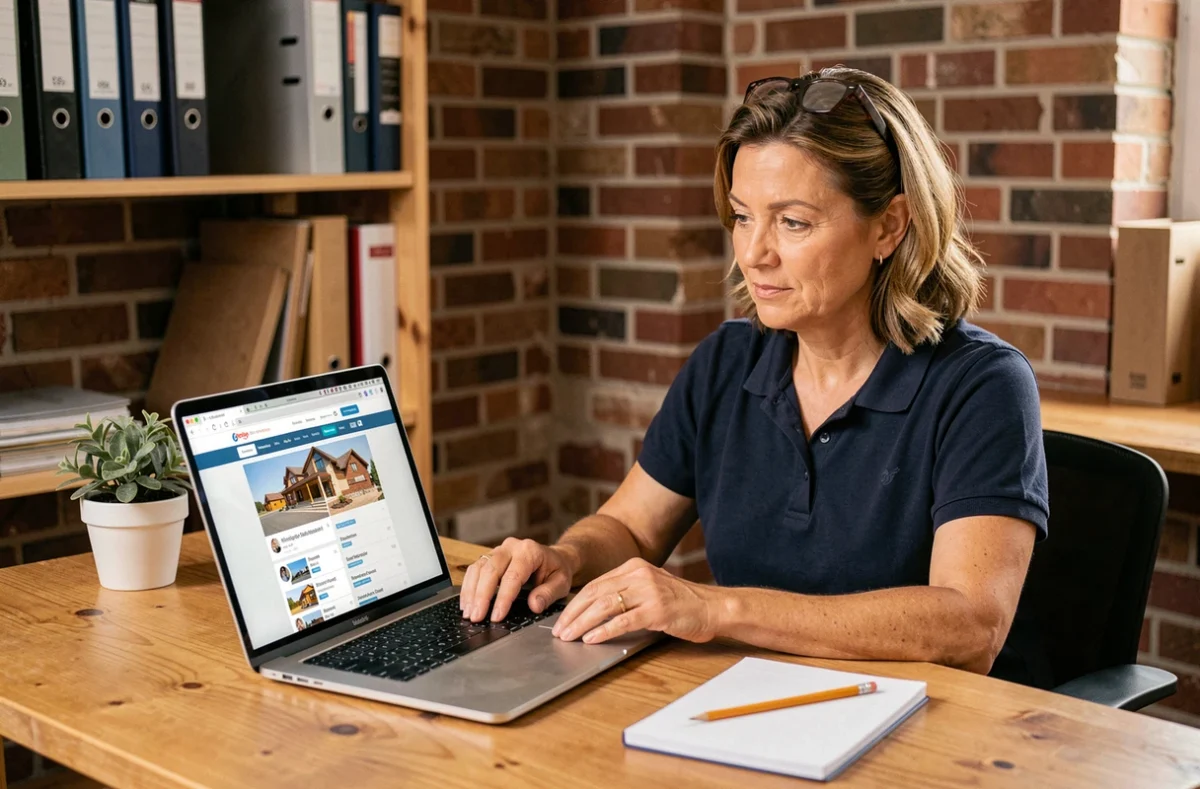Artisane indépendante comparant une plateforme de chantier en ligne et son réseau personnel pour trouver une mission rapidement