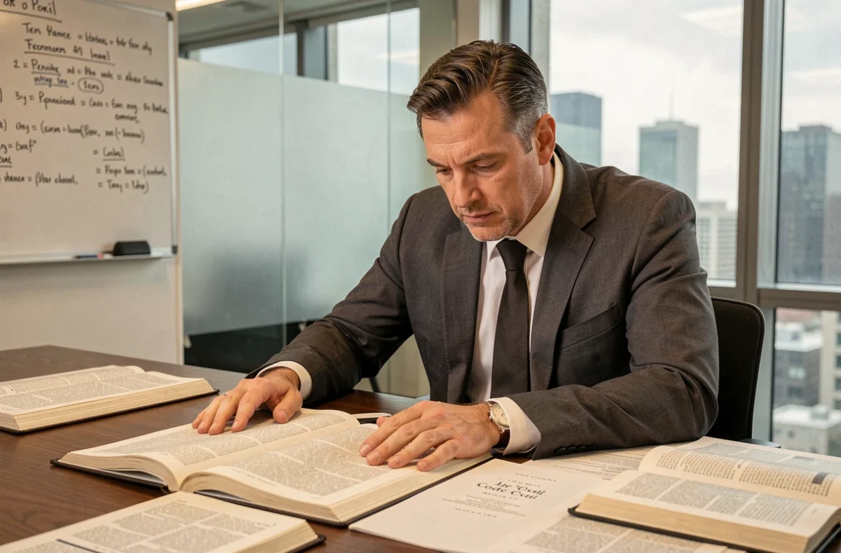 Avocat consultant le Code Civil français sur la garantie d'éviction dans une salle de réunion de cabinet juridique