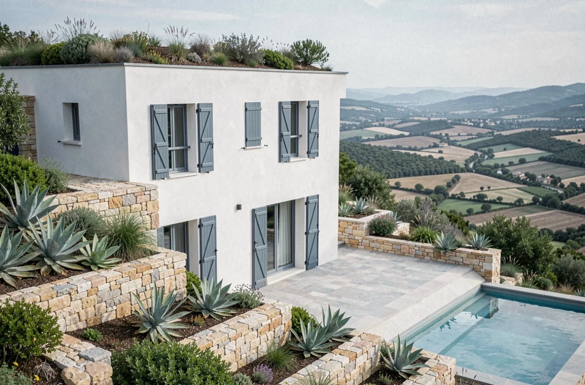 Azur et Constructions villa moderne inspirée du littoral avec piscine en longueur, terrasses étagées et vue sur la vallée en Vaucluse
