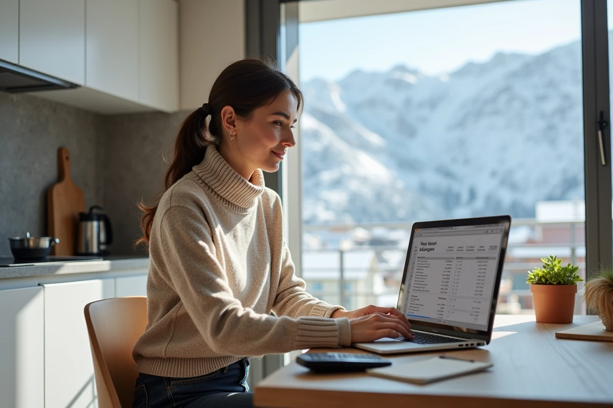 Femme calculant le budget d'achat immobilier en Andorre sur un ordinateur portable