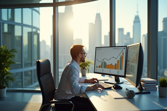 Bureau moderne avec analyste immobilier et vue urbaine