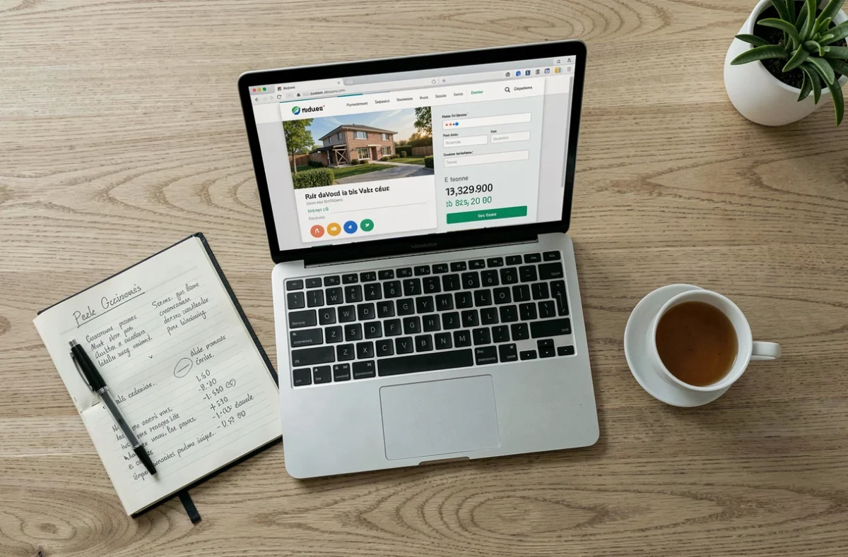 Vue de dessus d'un bureau avec un simulateur d'estimation immobilière affiché sur un écran d'ordinateur portable