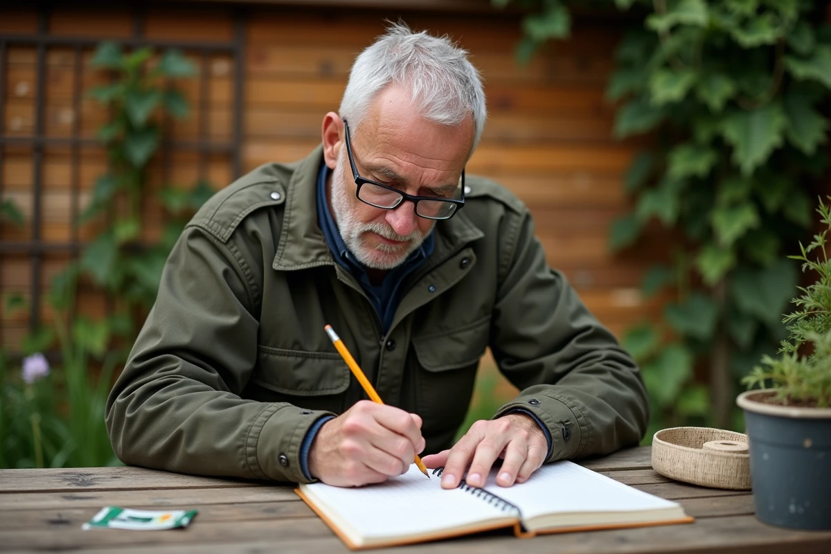 Jardinier calculant la surface de son jardin sur un carnet quadrillé avec des sachets de semences et un mètre ruban posés sur une table en bois