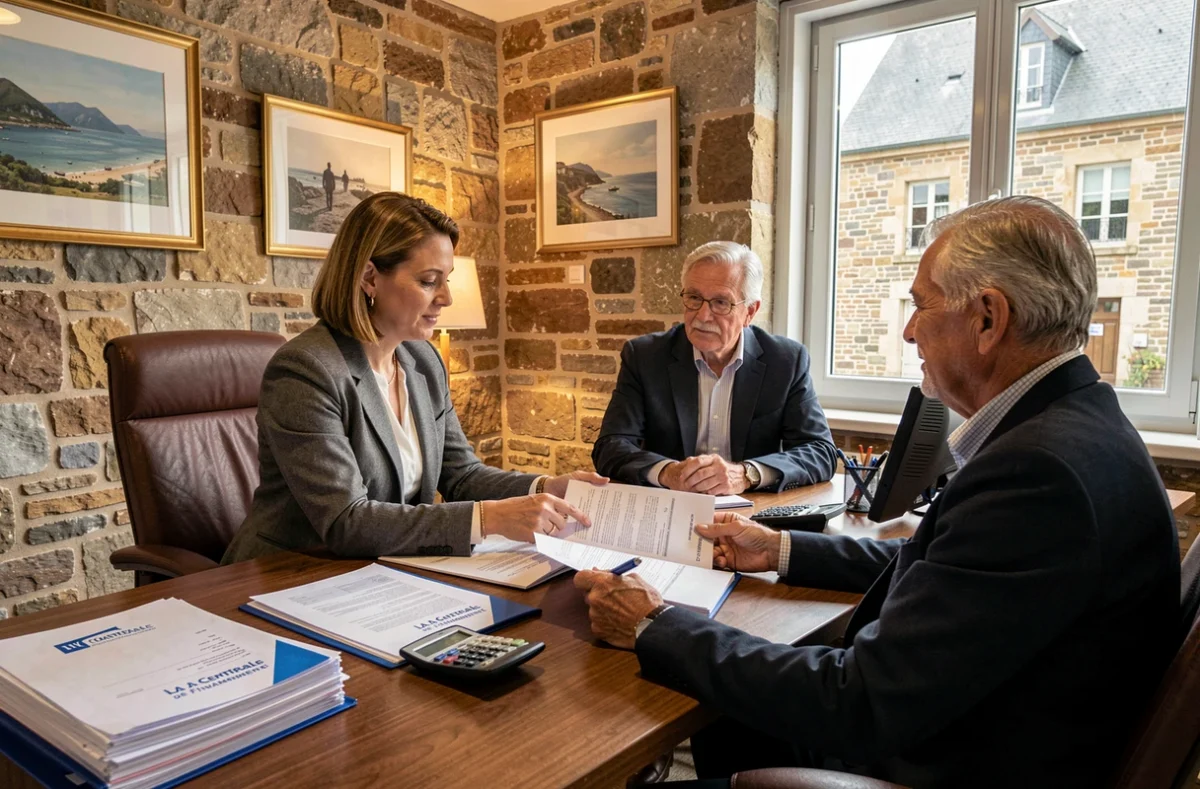 Une courtière de La Centrale de Financement en Bretagne analyse un dossier de prêt immobilier avec un couple mature dans une agence chaleureuse à Vannes