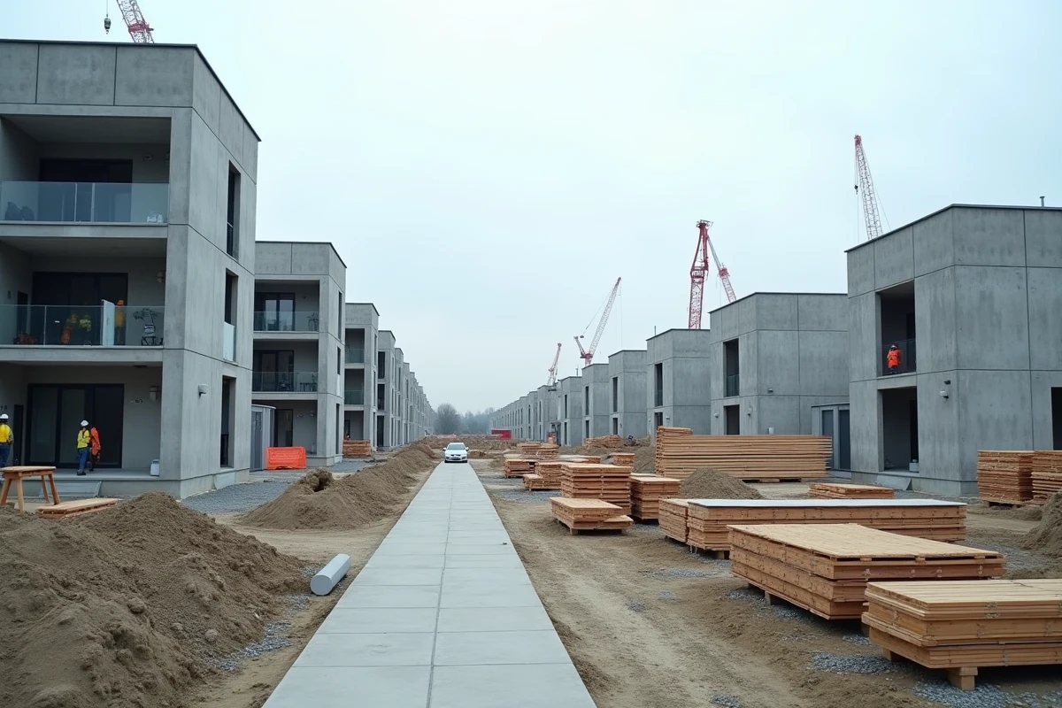 Chantier de construction neuve de logements résidentiels en banlieue urbaine française illustrant les enjeux de coûts de l'indice BT 01 en 2026
