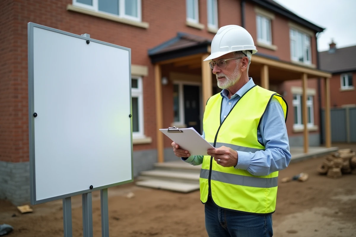Chef de chantier vérifiant un panneau de déclaration de travaux à l'entrée d'un chantier résidentiel