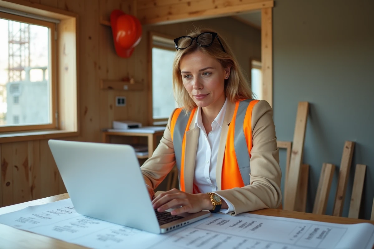 Cheffe de projet immobilier analysant les surcoûts de construction 2026 liés à l'indice BT 01 dans un bureau de chantier