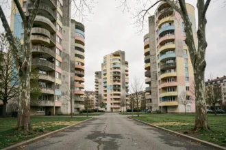 Vue grand angle des tours de la Cité Pablo Picasso à Nanterre, architecture brutaliste aux façades en béton courbées et pastel