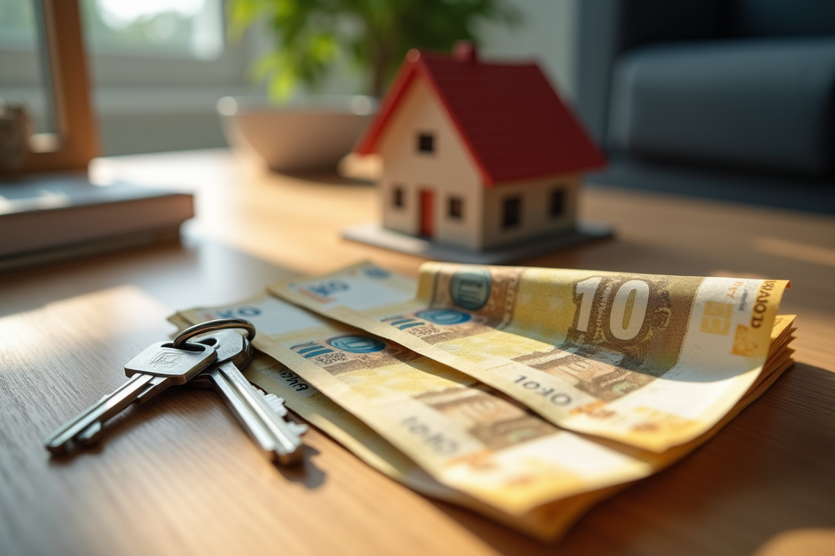 Jeu de clés de maison et billets de 100 euros sur un bureau