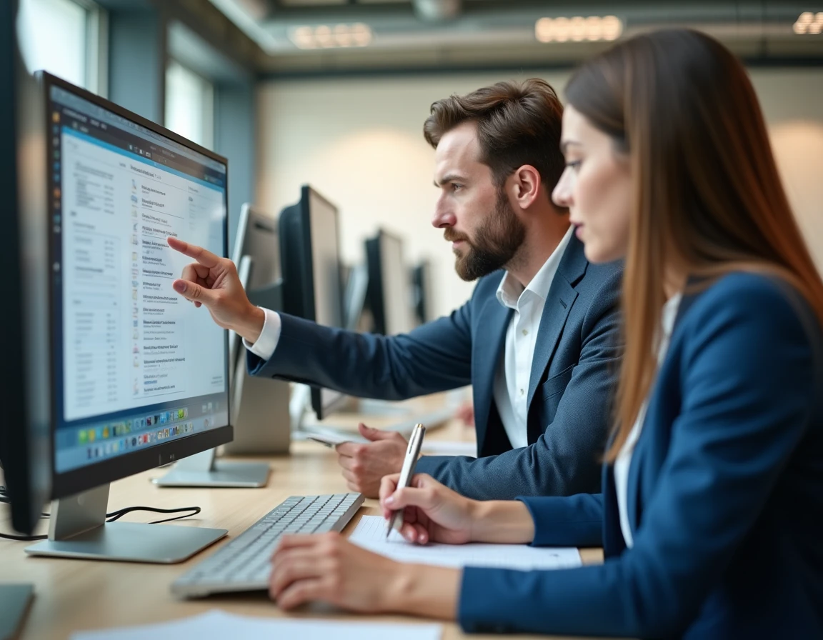 Deux collègues en CDI consultant ensemble les démarches d'inscription sur la plateforme AL'in au bureau