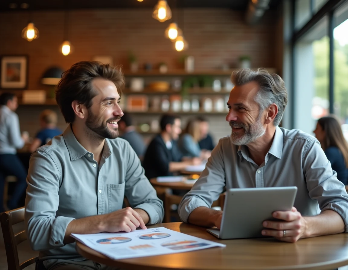 Nouveau conseiller IAD accompagné par un mentor expérimenté dans un café lors d'une session de démarrage