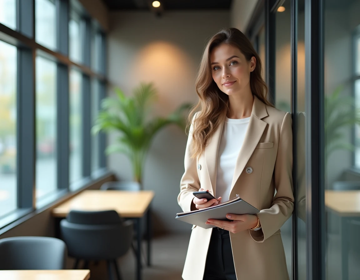 Conseillère immobilière IAD débutante en espace de coworking gérant ses premiers contacts professionnels
