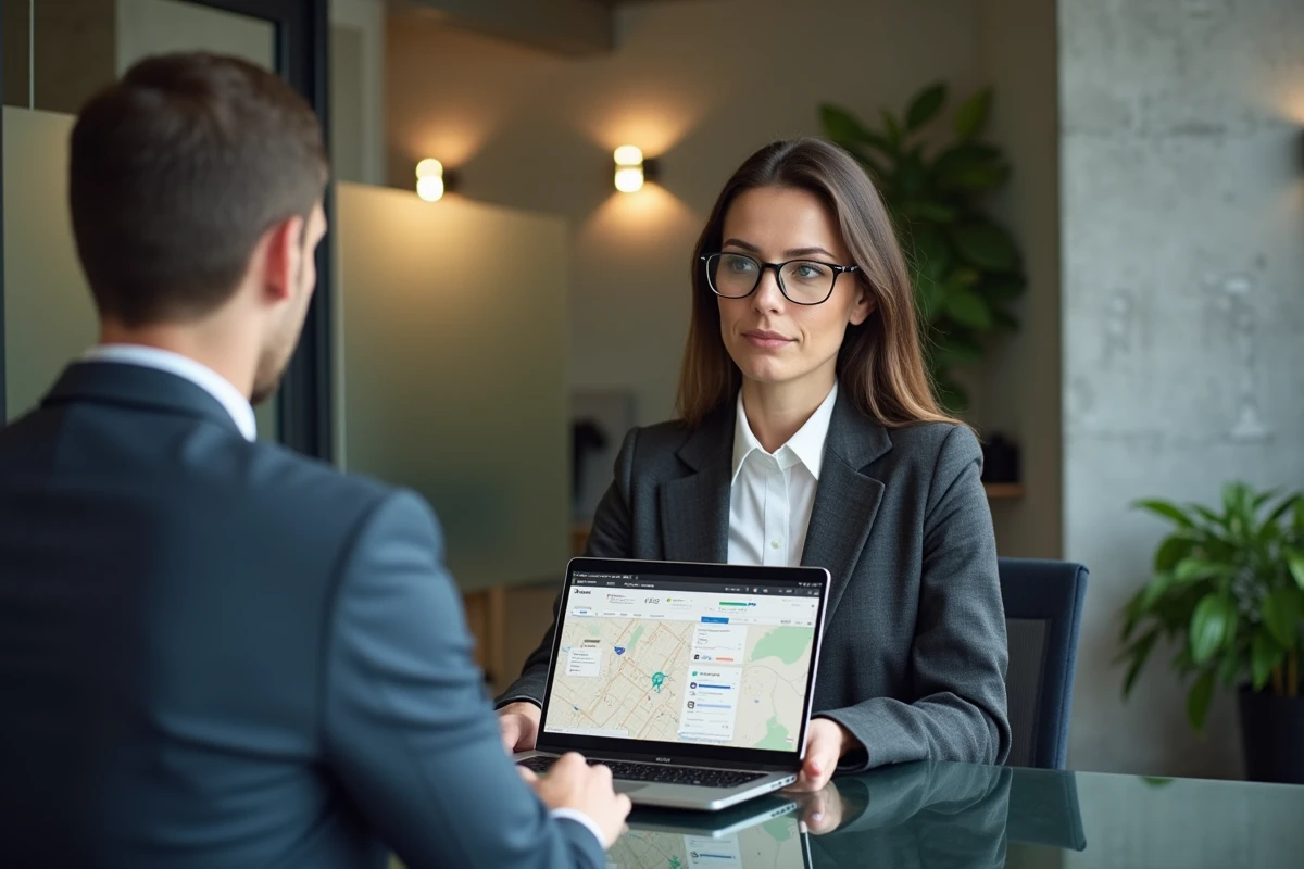 Conseillère financière présentant une analyse du marché immobilier lyonnais à un investisseur potentiel