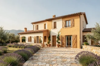 Vue large d'une maison individuelle neuve de style provençal dans le Vaucluse, avec jardin fleuri et collines en arrière-plan