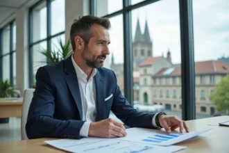 Consultant immobilier analysant des documents d'investissement dans une agence moderne à Lyon avec vue sur la ville