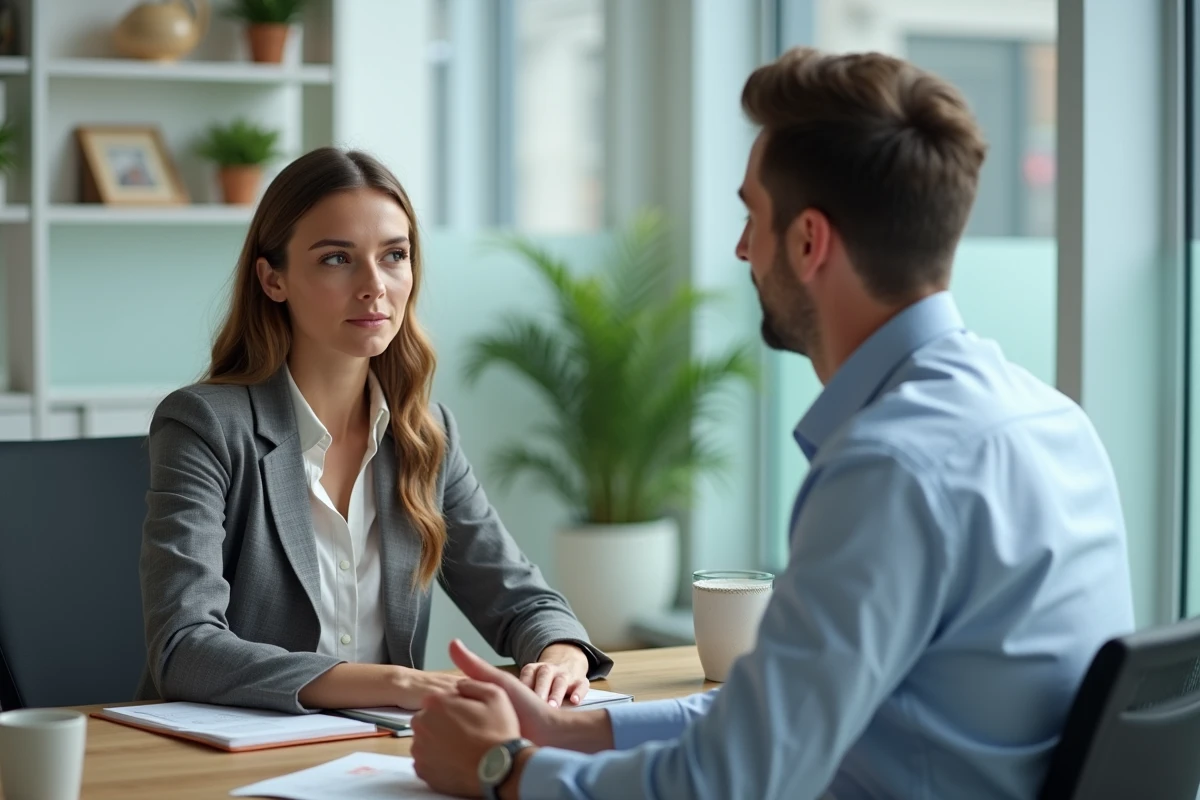 Femme consultant un agent immobilier après le refus d'une proposition d'achat immobilier