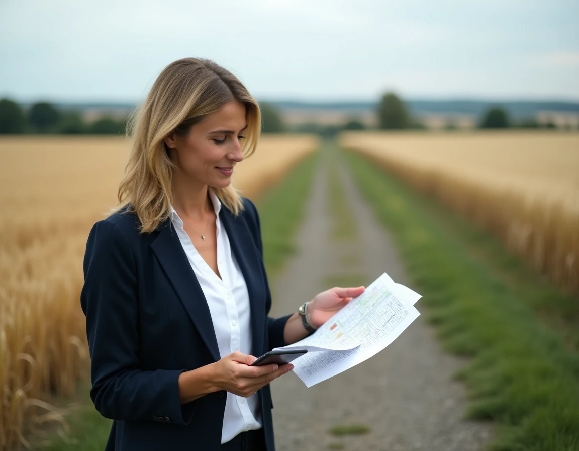 Femme consultant un extrait cadastral devant une parcelle agricole en milieu rural français