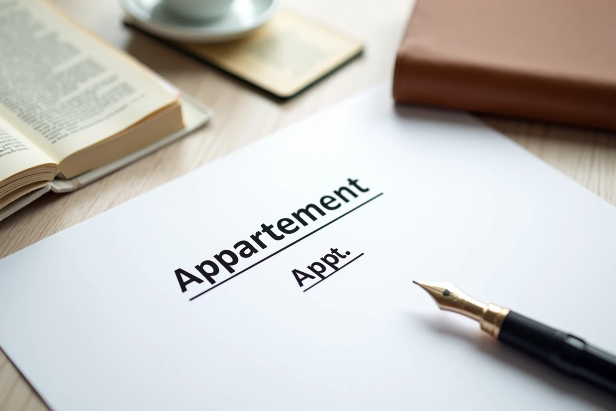 Gros plan d'un contrat de location avec l'abréviation appartement et appt visibles sur le document, posé sur un bureau avec un stylo plume