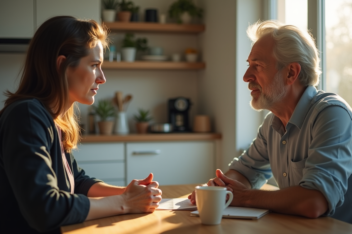 Discussion sérieuse entre propriétaire et locataire à la cuisine