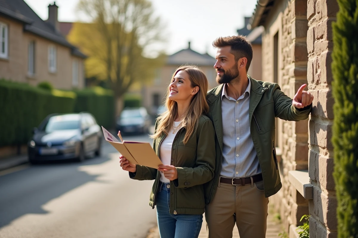 Couple d'acquéreurs devant une maison à vendre en banlieue, discussion sur le prix et les honoraires immobiliers à la charge du vendeur
