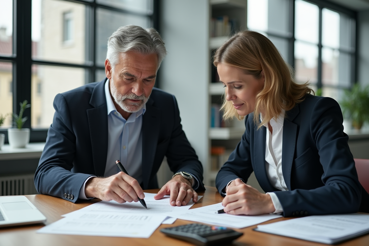 Couple d'affaires en discussion immobiliere dans un bureau moderne