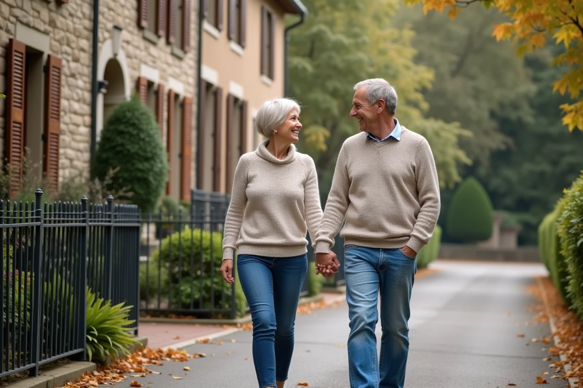 Couple souriant marchant dans Bergerac automne