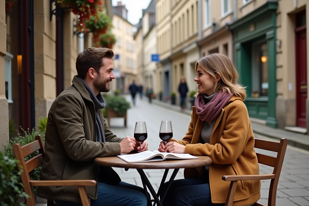 Couple profitant d'une terrasse de café au cœur d'une ville culturelle d'Île-de-France