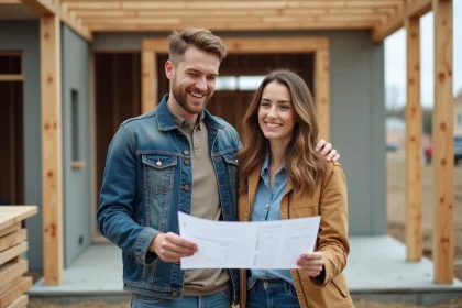 Jeune couple souriant devant une maison en construction