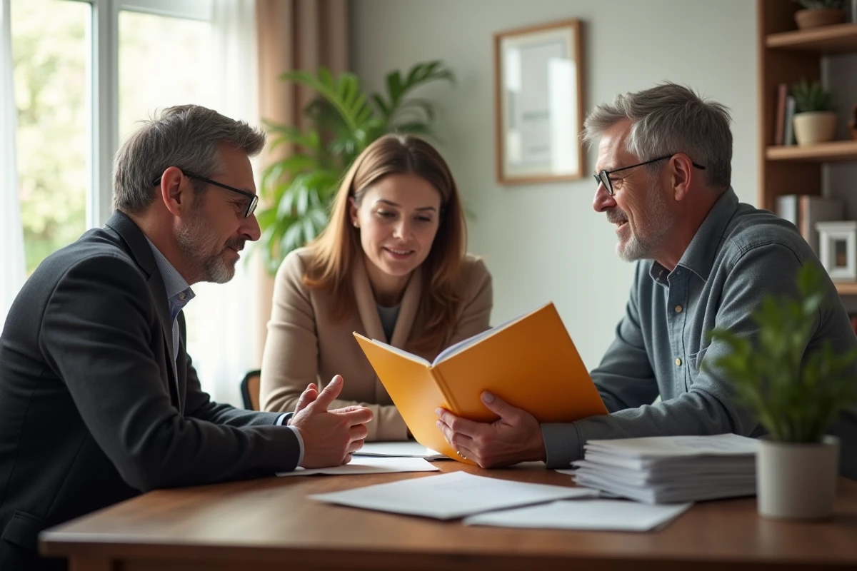Couple discutant avec un courtier d