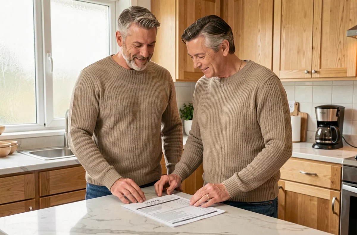 Couple discutant d'une estimation de bien immobilier à vendre dans leur cuisine à l'aide d'un document d'évaluation