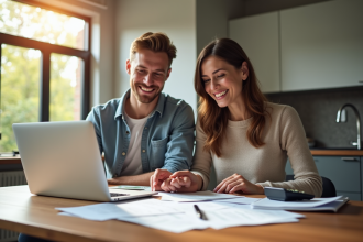 Jeune couple souriant analysant leurs finances familiales