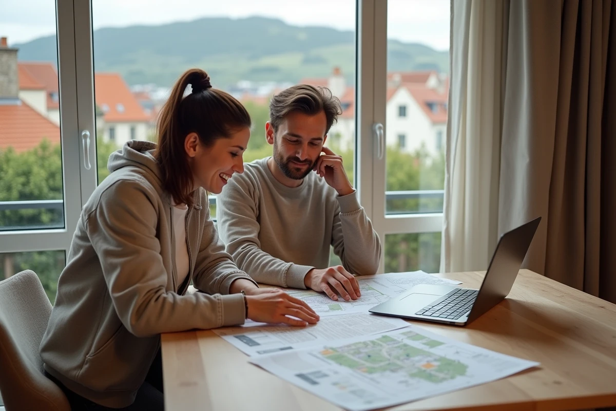 Couple étudiant des documents immobiliers dans un appartement avec vue sur les toits de Rennes