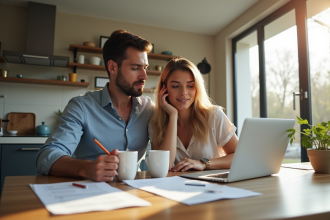 Couple dans une cuisine moderne examinant des documents