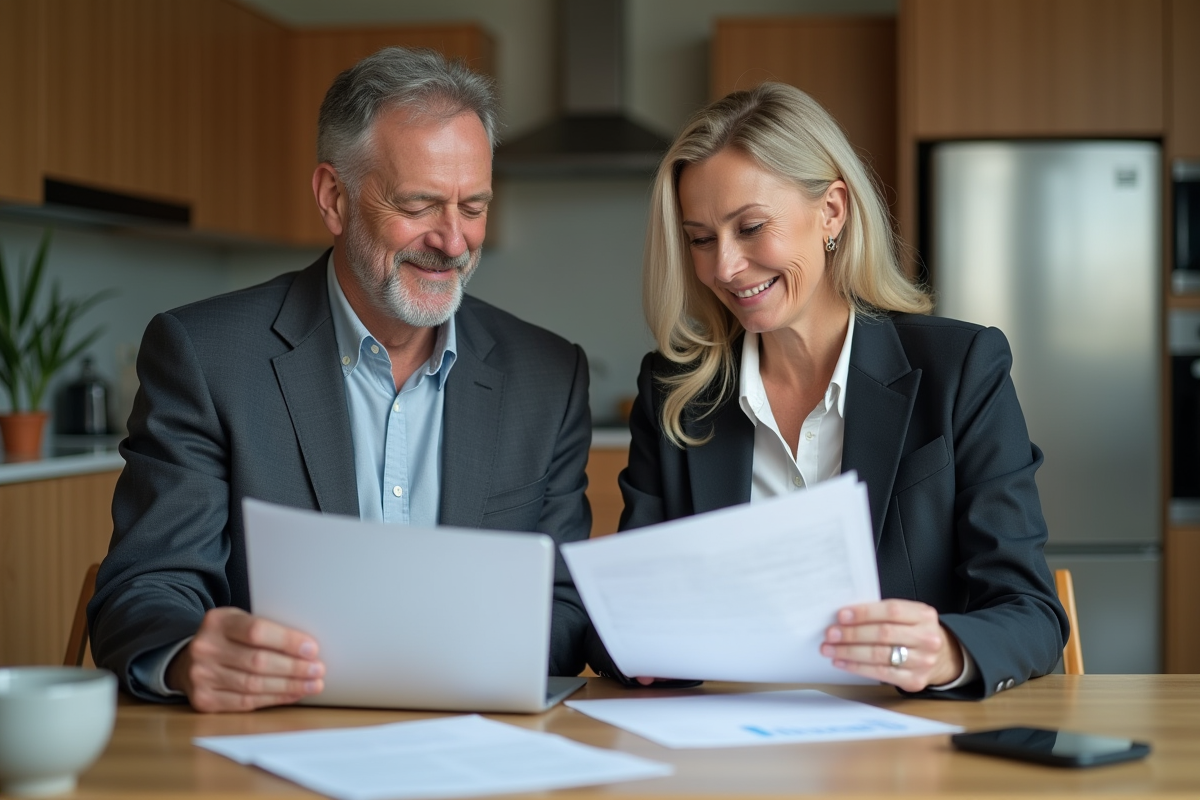 Couple d'adultes lisant des papiers dans une cuisine moderne